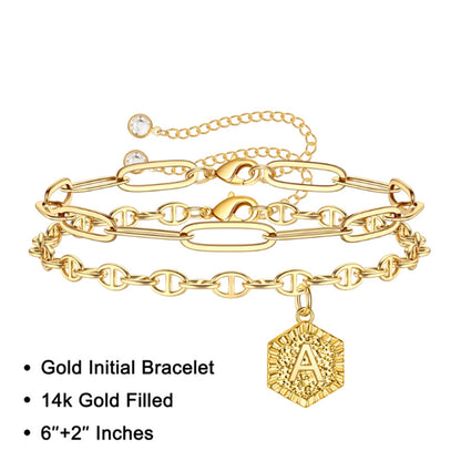 Gold Initial Bracelets for Women Dainty 14K Gold Filled Layered Initial Bracelet