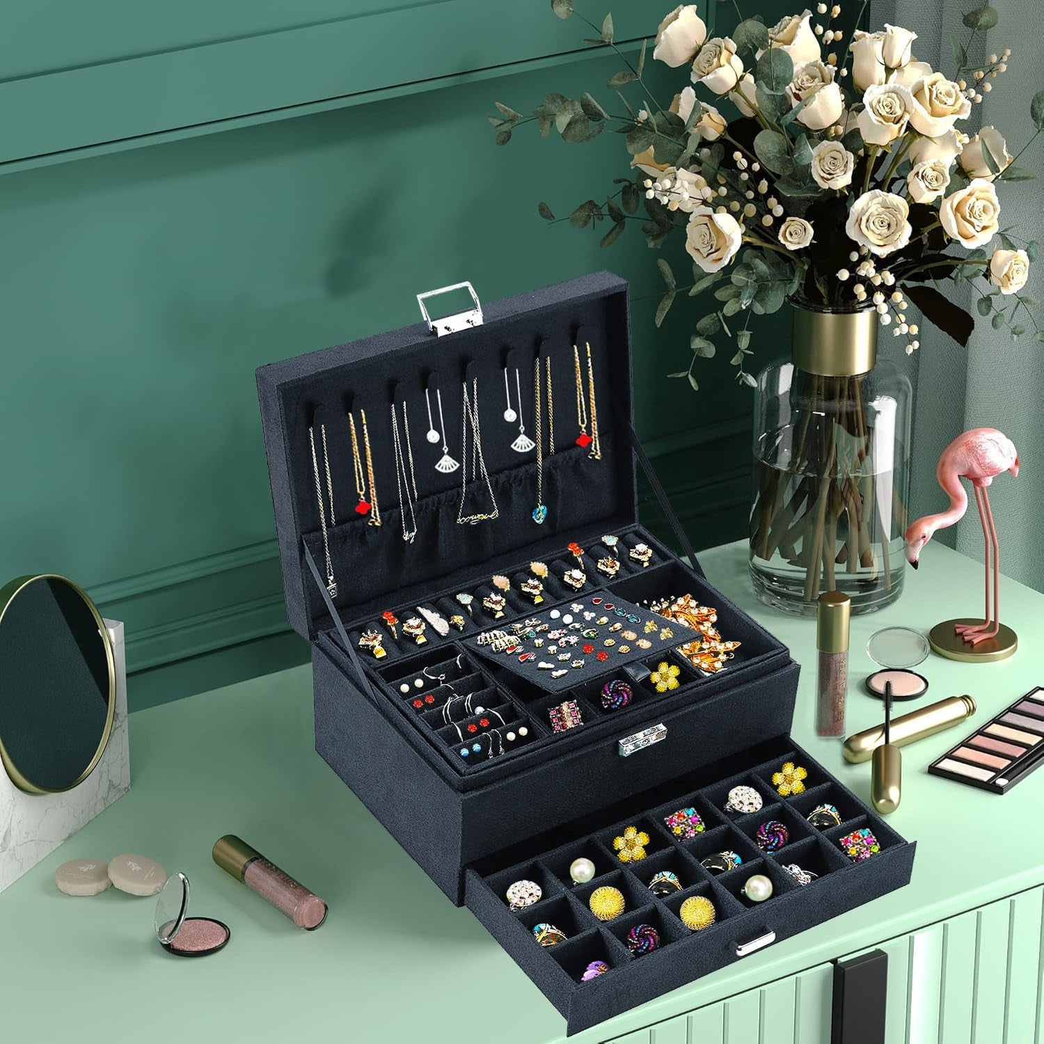 Jewelry Boxes for Women Black Velvet Jewelry Organizer with Lock,Teen Jewelry Organizers and Storage Earring and Necklace Holder Organizer Box Womens Jewelry Box for Necklaces Earrings Rings Bracelets